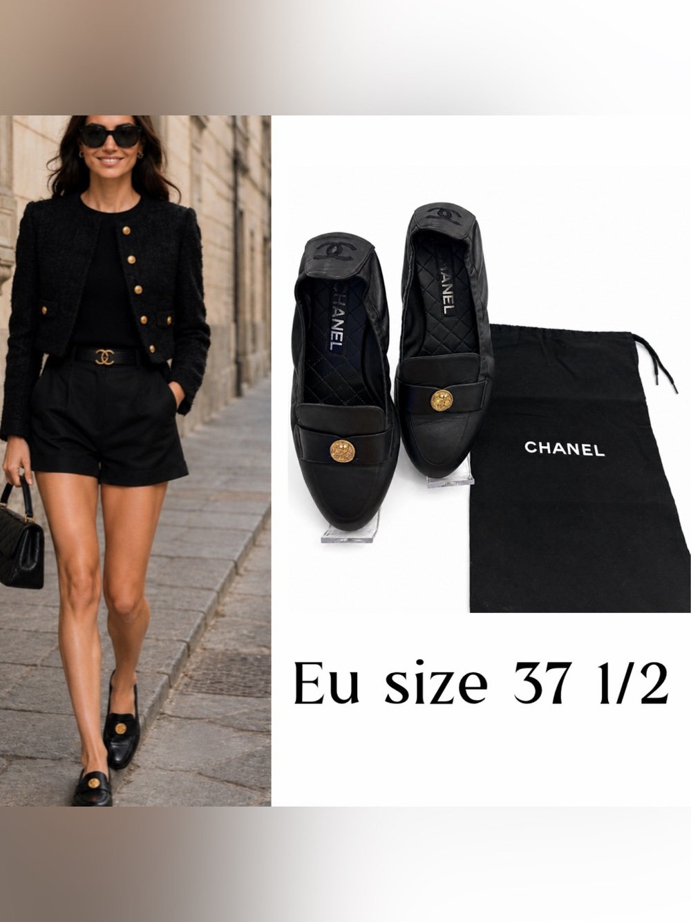 CHANEL Black Quilted Leather Loafers slip on flats with Gold Medallion vintage